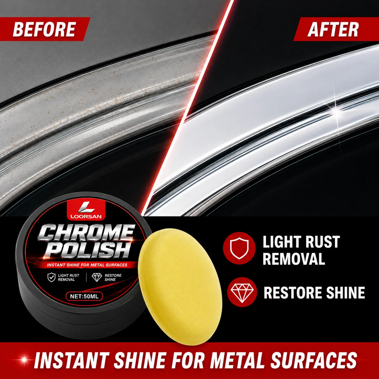 Loorsan Chrome Polish Paste Car Trim Door Handle Window Metal Rust Oxide Water Spot Remover With Sponge 50ML
