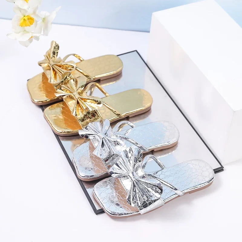 

Summer Girls Simple Flat Slippers Outdoor Children's Open-toe Shoes Princess Bowknot Versatile Kids Causal Slipper Golden Shoes