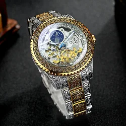 2023 New Fashion Vintage Carved Watch Men Tourbillon Watches Forsining Moon Phase Skeleton Automatic Mechanical Wristwatches Men