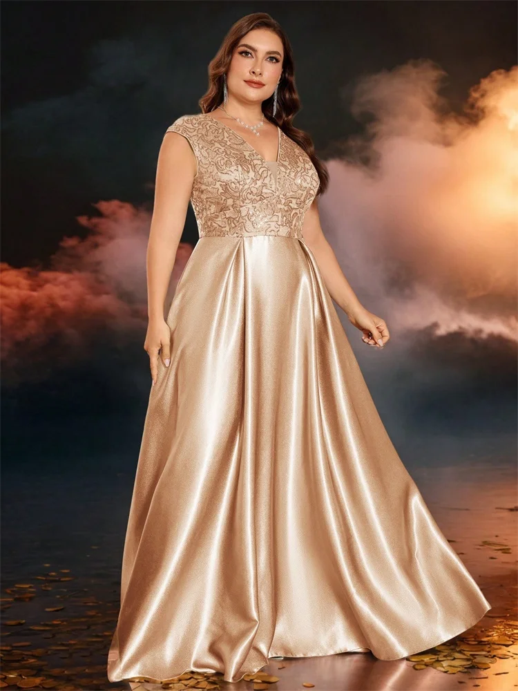 Lucyinlove Plus Size Luxury Gold Satin V-Neck Evening Dress Women Sequin Wedding Party Prom Floor Lenght Cocktail Dress Gowns