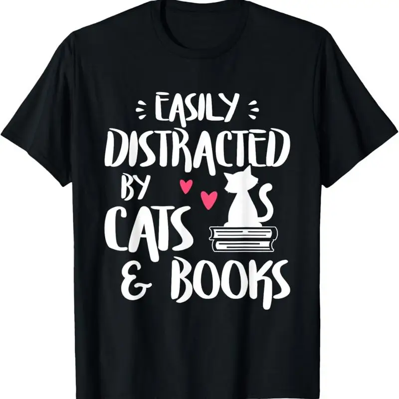 Facilmente Distratto Da Gatti E Libri. Maglietta Per Amanti Dei Libri E Dei Gatti.
