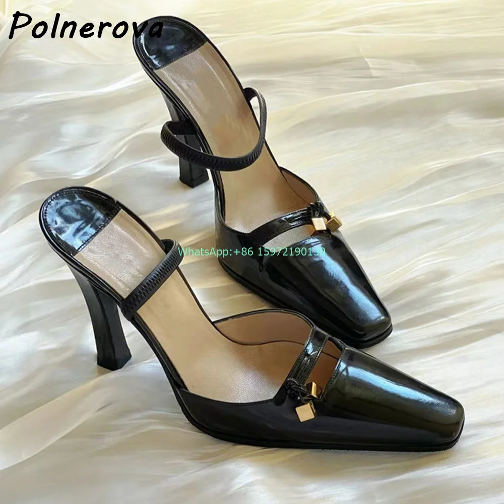 

Hollow Fringe Metal Decoration Pumps Square Toe Thin Heels Slip On Black White Slippers Retro Sexy Shallow Stiletto Sandals