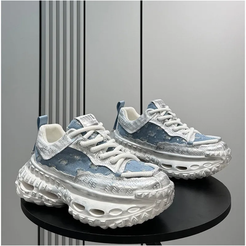 

New Cool Men Flats Shoes Denim Joint Glitter Anti Slip Fashion Men Sneakers Outdoor Hard-Wearing Vintage Men Casual Shoes