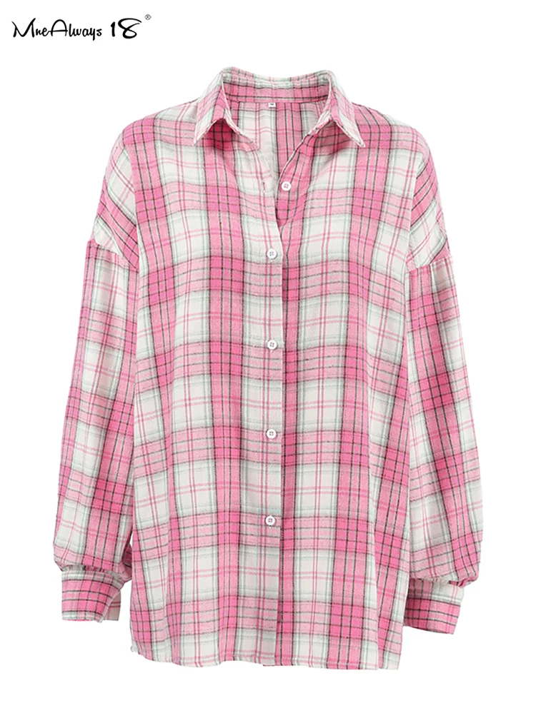 Mnealways18 Pink Casual Oversize Checked Shirts Women Turn Down Collar Street Style Button Ladies Blouses And Tops Autumn 2024