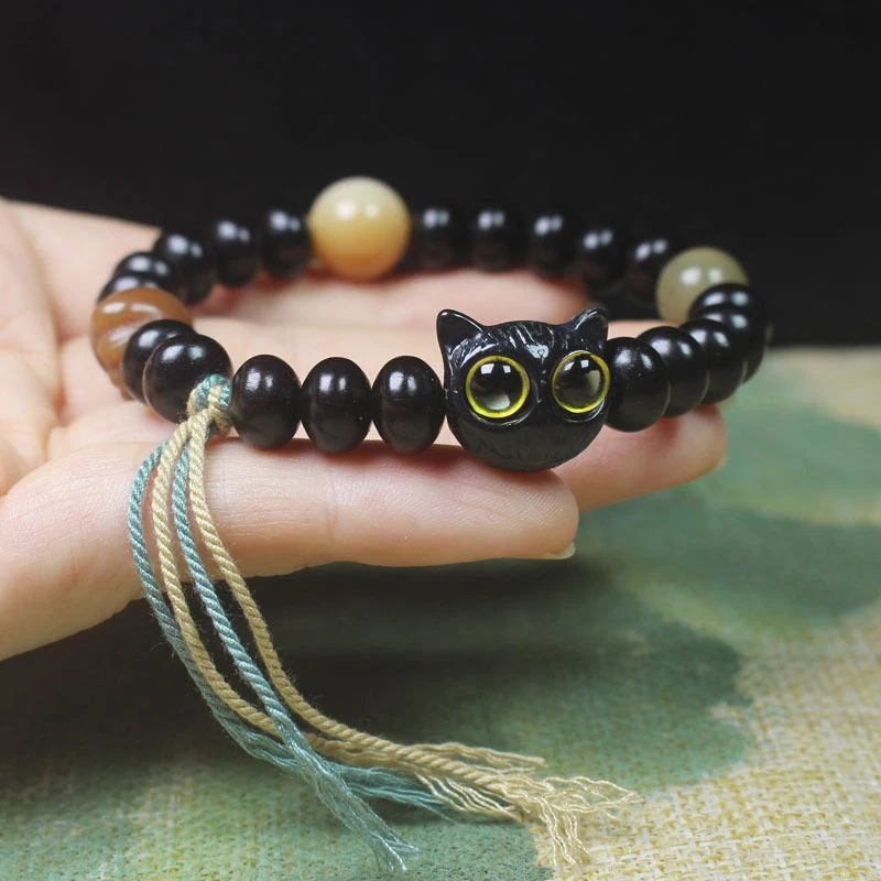 

Браслет из черного дерева 7*9, с бусинами Будды, дизайном в виде головы и кошачьей лапы, женский декоративный браслет, украшение из молитвенных бусин