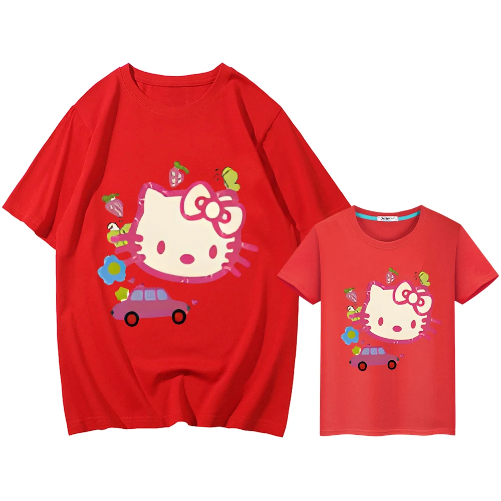 Hello Kitty Família combinando roupas combinando, camiseta 100% algodão para homens e mulheres, anime curto Y2K, mamãe filha combinando roupas, meninos e meninas