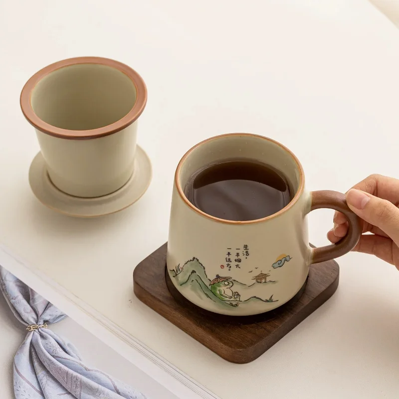 

Cultural Creative Ru Kiln Ceramic Mug with Tea Separation Filter Personal Office Brewing Cup Complete Gift Box As Hand Gift