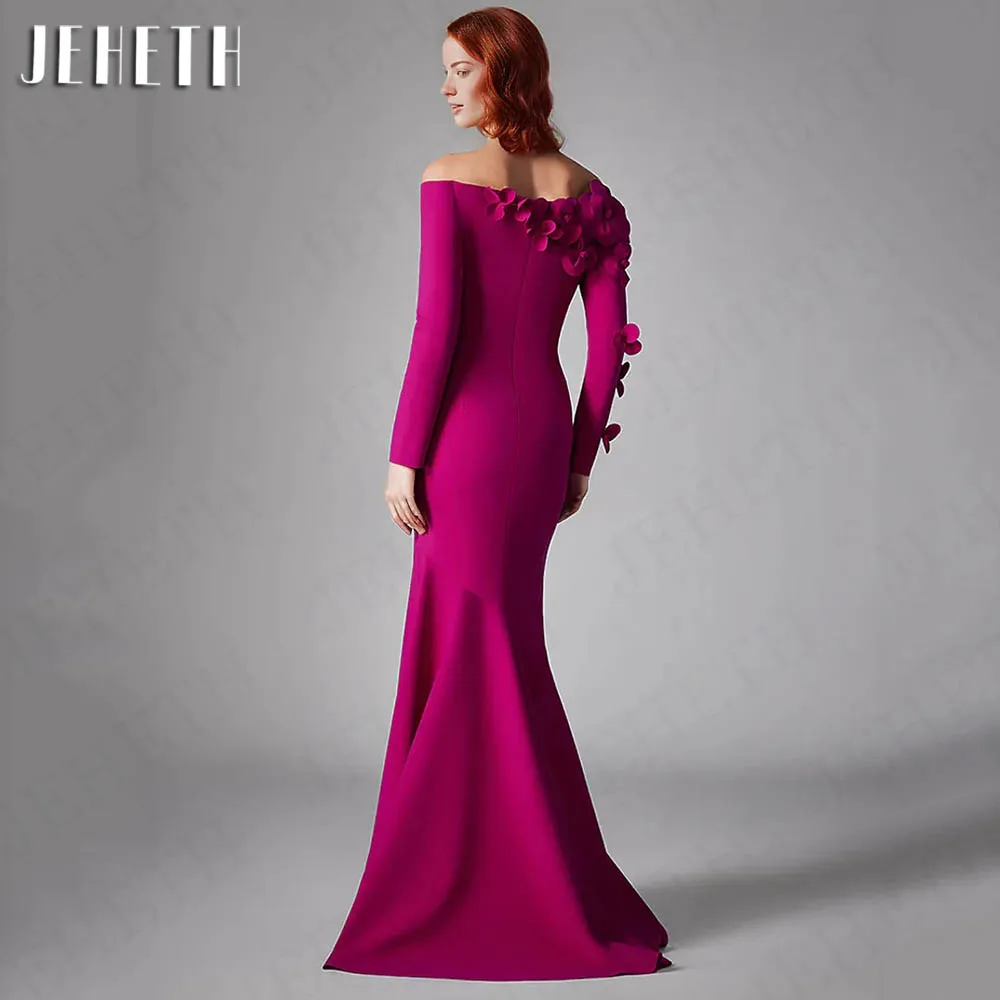 JEHETH Mermaid Long Sleeve Evening Dress Luxury 3D Flowers V Neck Formal Occasion Event Dresses Fuchsia abito da festa di nozze