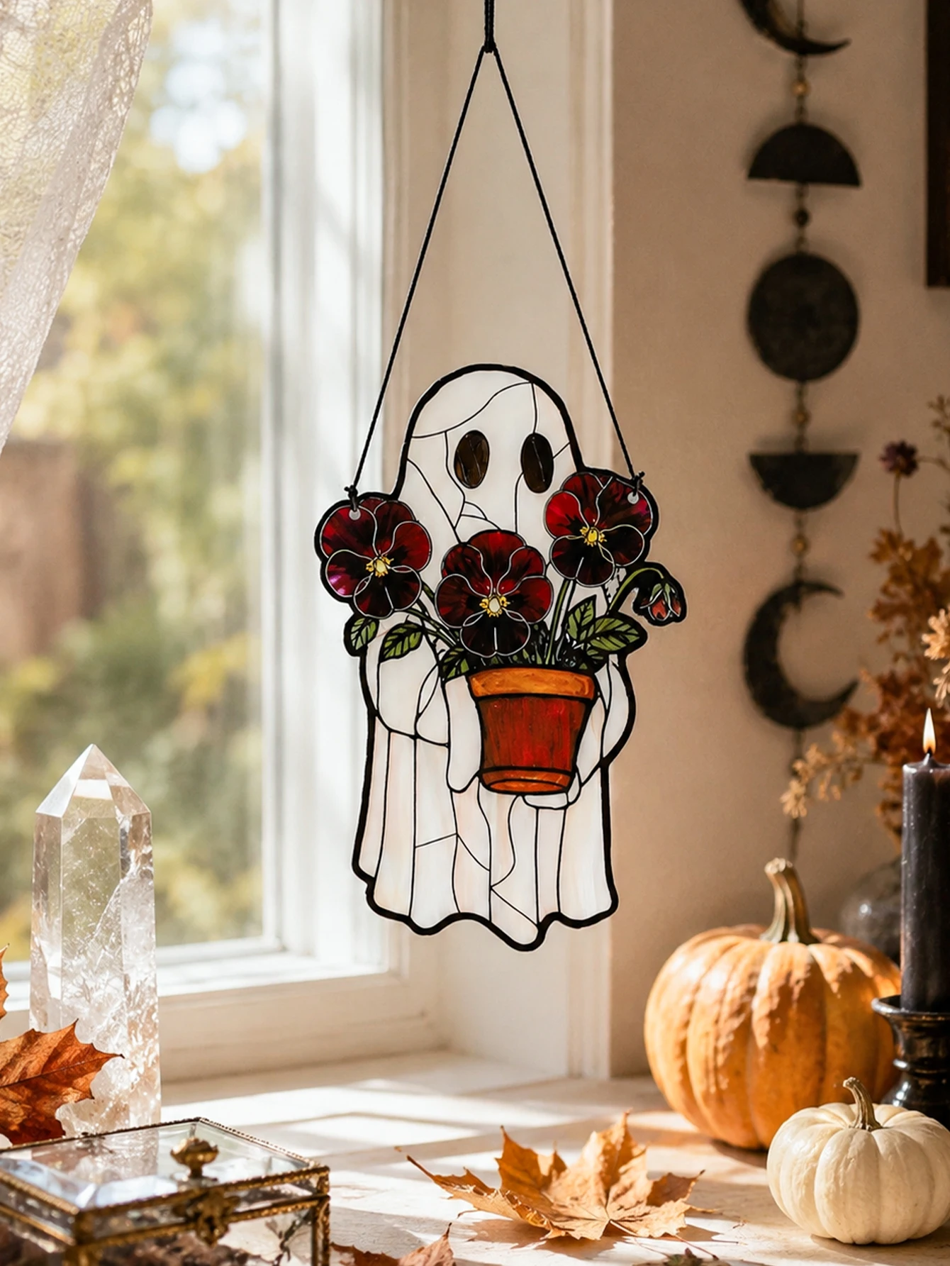 Halloween Ghost Holding Flower Pot Acrylic Suncatcher Window Hanging Gothic Spooky Home Indoor Autumn Fall Wall Decor Pendant view 2