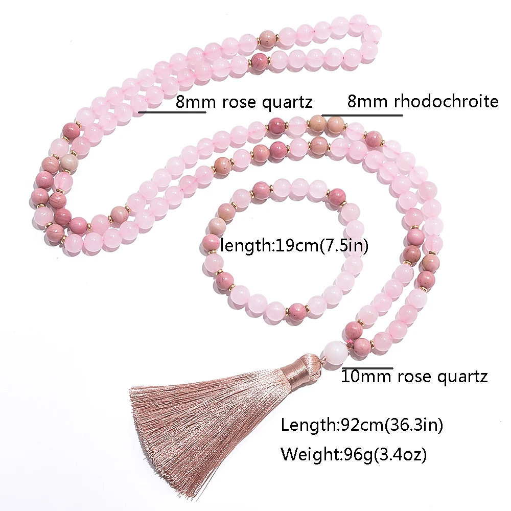 8mm Rhododenite Rose Quartz Beaded 108 Mala Necklace Meditation Yoga Prayer Jewelry with Bracelet Tassel Rosary for Women