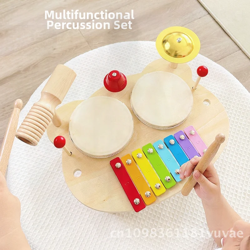 Children's Wooden Multifunctional Percussion Instrument Drumming Gong Baby Hand Drum Educational Toy for Music Learning And