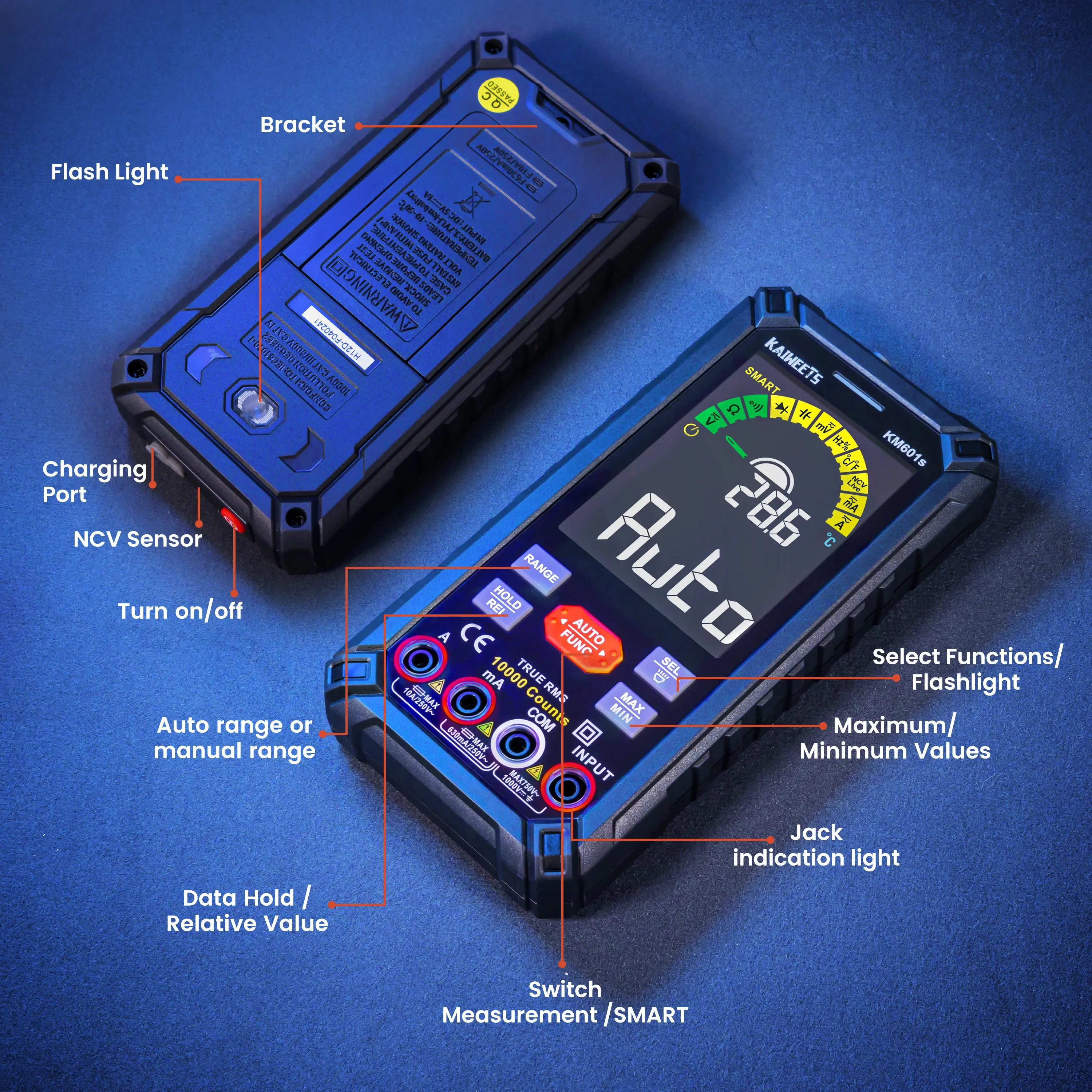 Smart Rechargeable Multimeter 10000 Counts Auto Range Ture RMS 1000V 10A Tester Ohm Hz Capacitance NCV Digital Multimeter