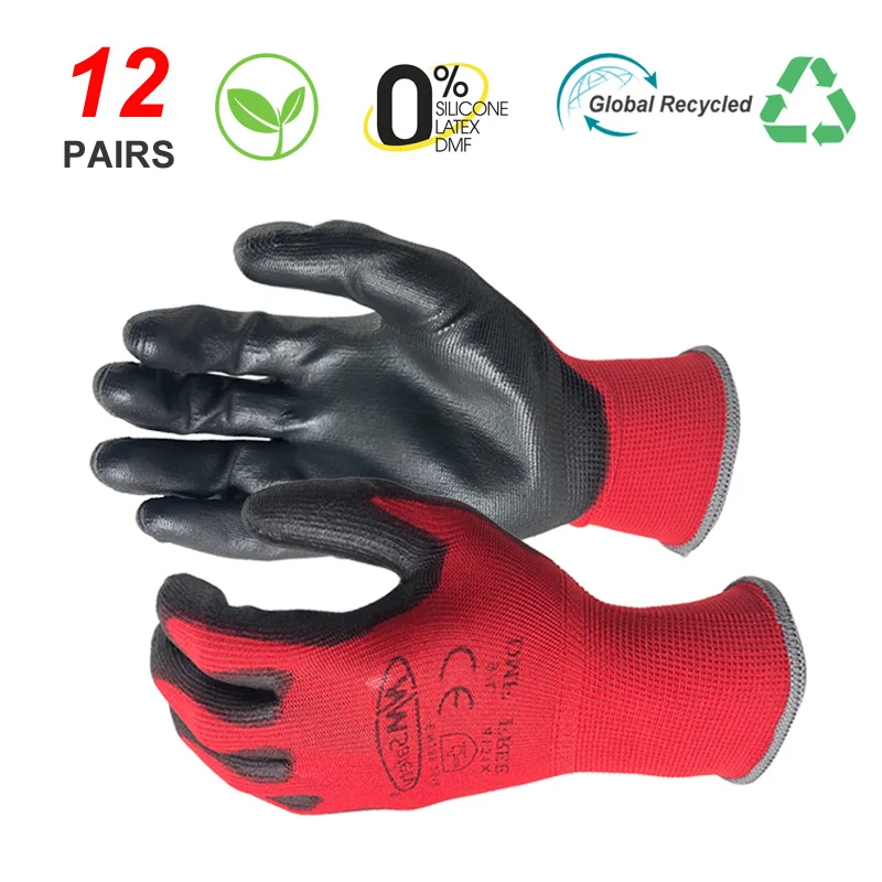 

12 Pairs Seamless Knitted Red Nylon Dipped PU Palm Security Protective Work Gloves For Men.