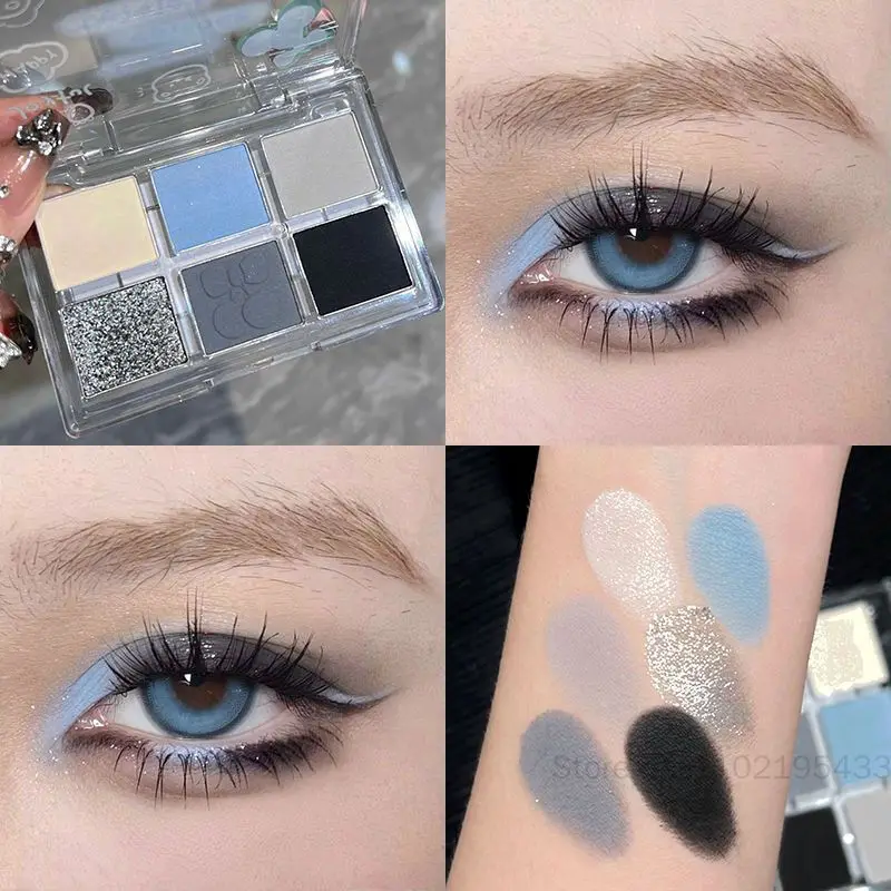 Punk Smokey Matte Glitter Eyeshadow Palette 6 Colors Shimmer Eye Shadow Makeup Palette Cool Toned Gray Blue Eye Pigment Palette