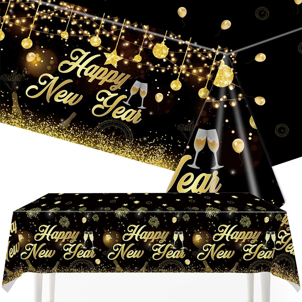 2025 Happy New Year Tablecloth Decorations Black and Gold Table Cover Disposable Tableware Set for New Year Eve Dinner Supplies