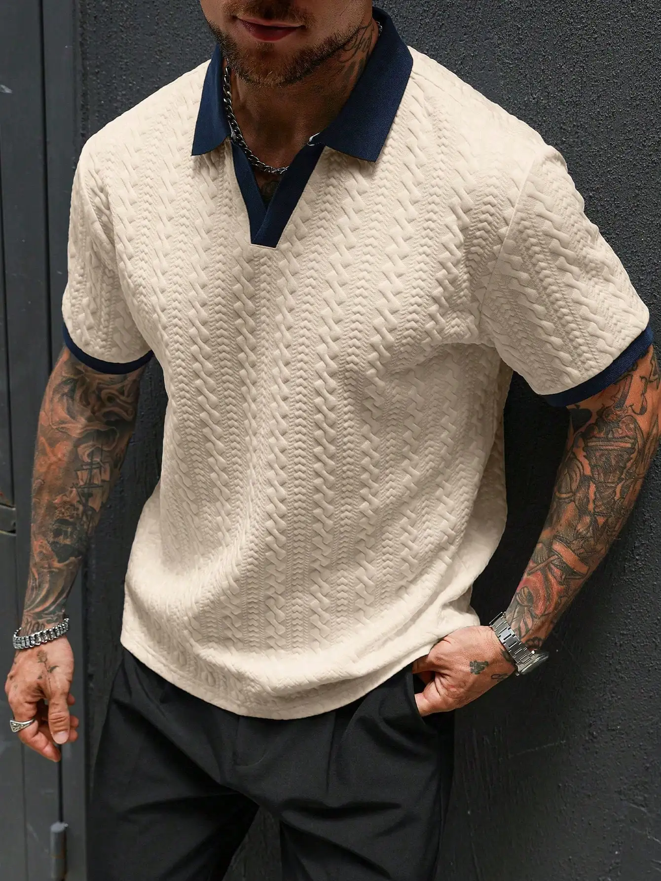 

Cream Textured Knit Polo Shirt with Navy Collar and Cuffs, Short Sleeve Casual Men's Top