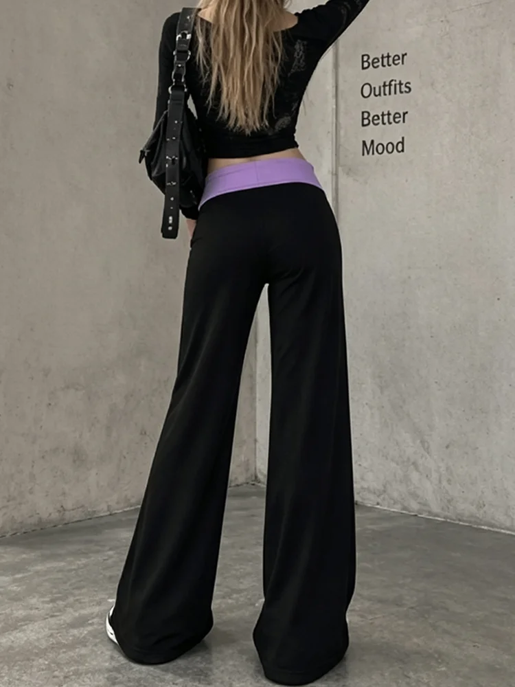 All Season Women Y2K Vintage Contrast Purple Foldover Waistband Stretchy Slim Flare Pants Yoga Casual Streetwear