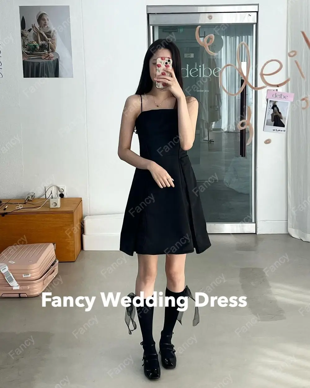 Fancy Simple Black Spaghetti Straps Evening Dress Korea A Line Wedding Dress Sleeveless Birthday Party Dresses Custom Made