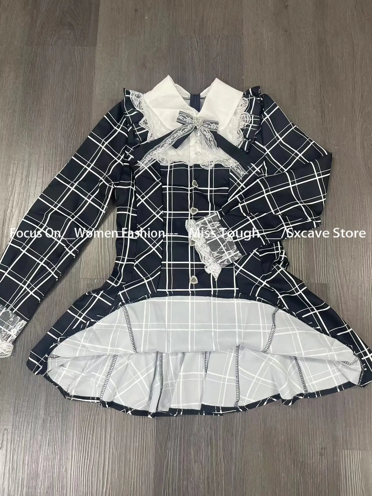 Harajuku Sweet Bow Black Plaid Dresses All-match Slim Fit Kawaii Lolita Dress for Women Autumn New Long Sleeve Vestidos De Mujer