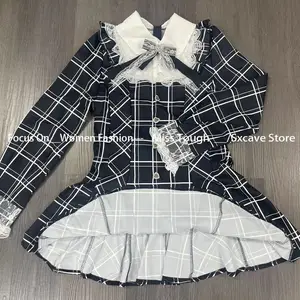 Süße Harajuku schwarze Bogenplaidkleider All-Match feine Anpassung Kawaii Lolita Kleid für Frauen Herbst neue Ärmel Mujer-Kleider 10 Hauptverkaufskleid - №6