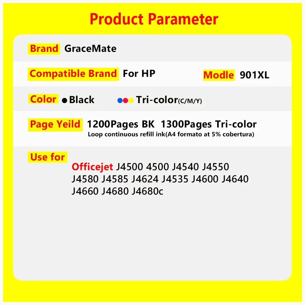 Replacement for HP 901 hp901 Ink Cartridge for Officejet 4500 J4540 J4550 J4580 J4585 J4624 J4535 J4600 J4640 J4660 J4680 J4680c