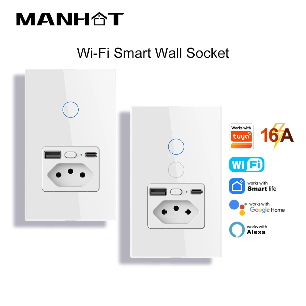 MANHOT 16A Wifi Smart Touch Switch Brazil Scoket 1 2 Gang Wall Light Switch Socket Type-c USB Work with Tuya Google Home Alexa