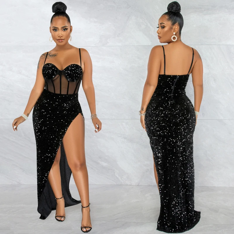 Sexy Women Dress 2024 Spaghetti Strap See Through Mesh Patchwork High Split Sequins Night Club Party Dress