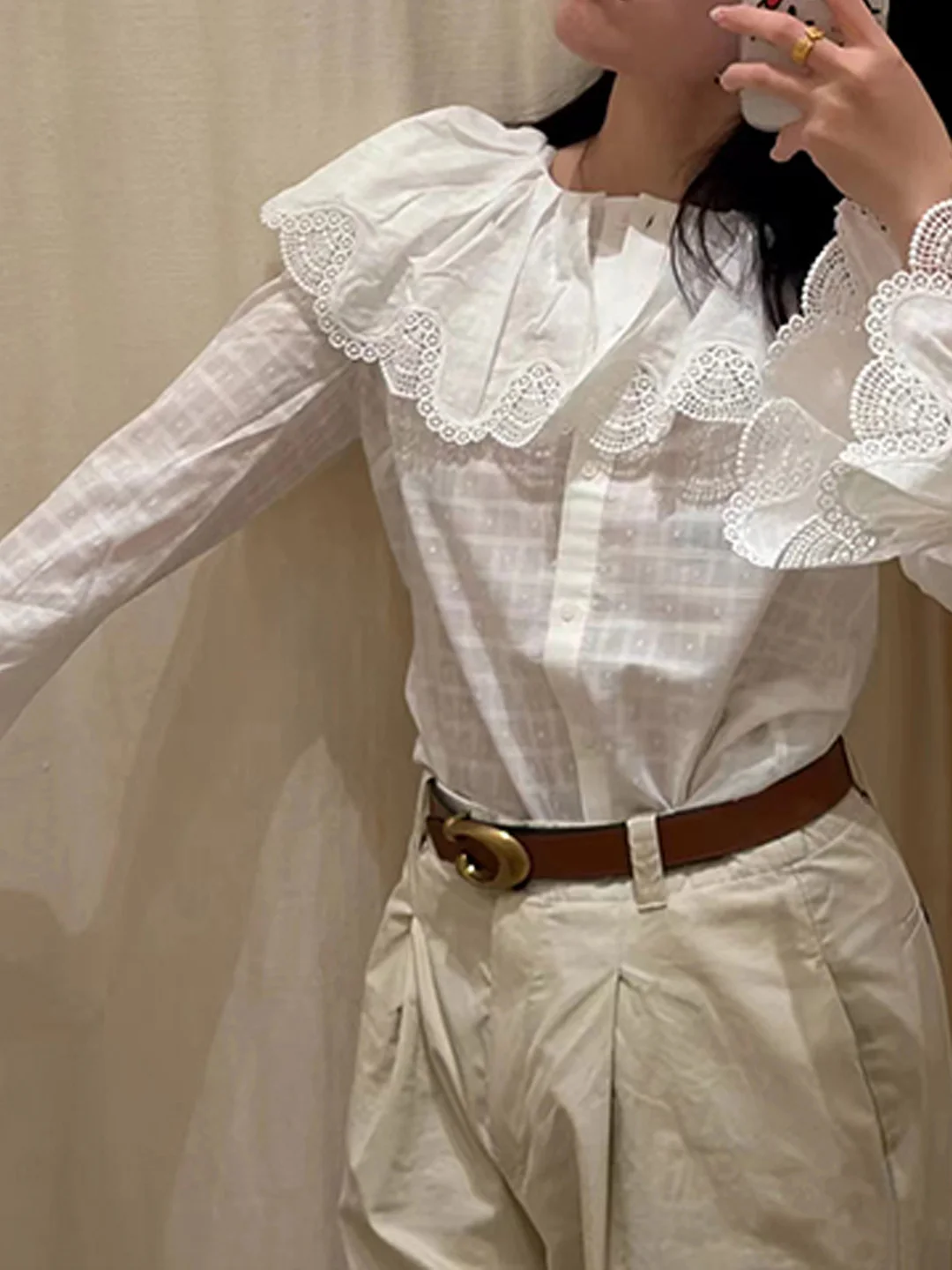 

Ele Embroidered Lace Trim Bell Sve irt Large Collar Spring 2026 Women's Cotton Pure Color Button up Casual irt