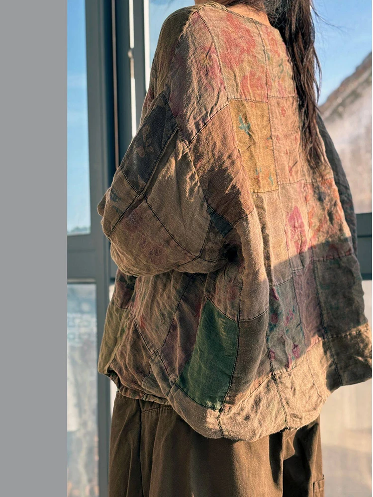 100% Linnen Vrouwen Casual Blouse Shirt Nieuwe 2025 Herfst Vintage Stijl O-hals Bloemenprint Losse Vrouwelijke Lange Mouw Truien M2191