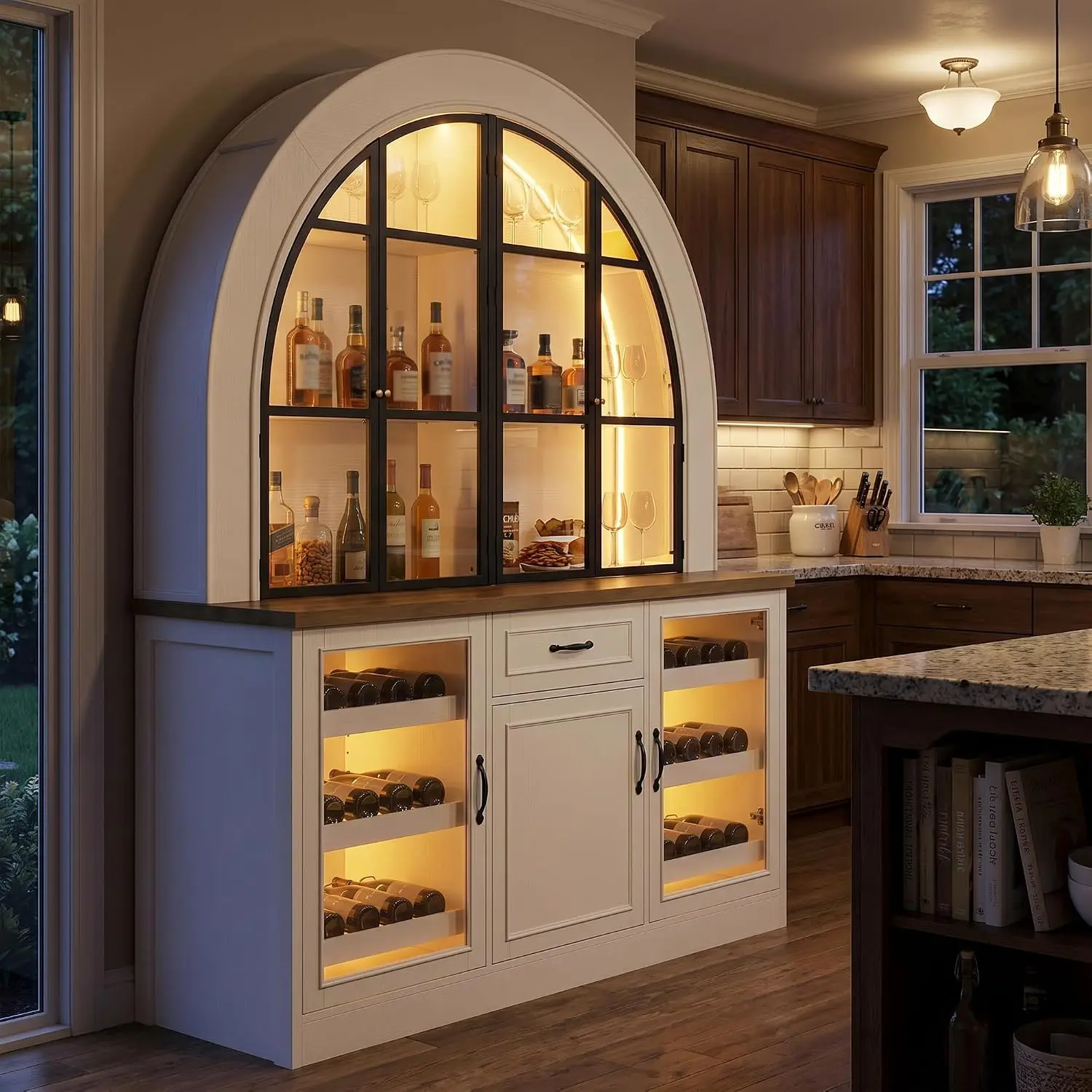 Arched Wine Bar Cabinet with LED Light, Liquor Rack & Countertop, Kitchen Cupboard with Glass Door & Shelf , Customized