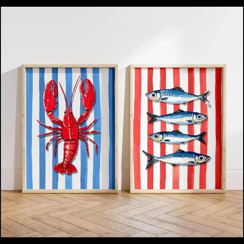 Lobster Sardines Blue Red Striped Canvas Prints Coastal Kitchen Wall Art Posters for Modern Living Room Fisherman Home Decor
