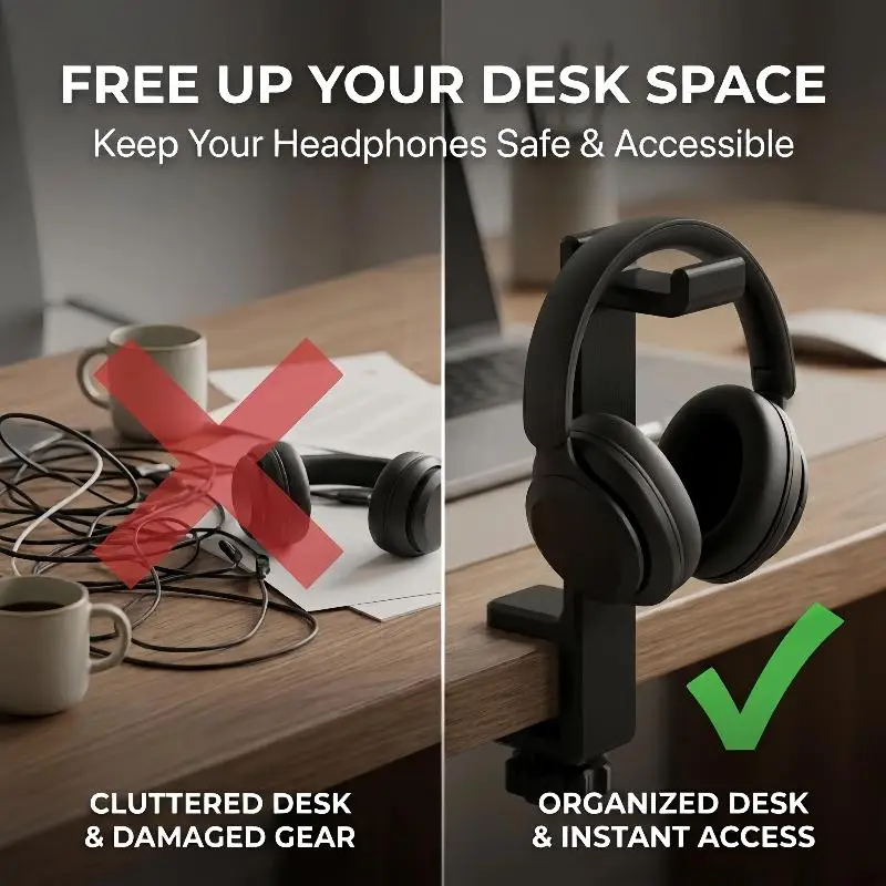 Easy Install Desk Clamp Headphone Stand Heavy Duty Universal Headset Organizer Rack for Home Office Study Room