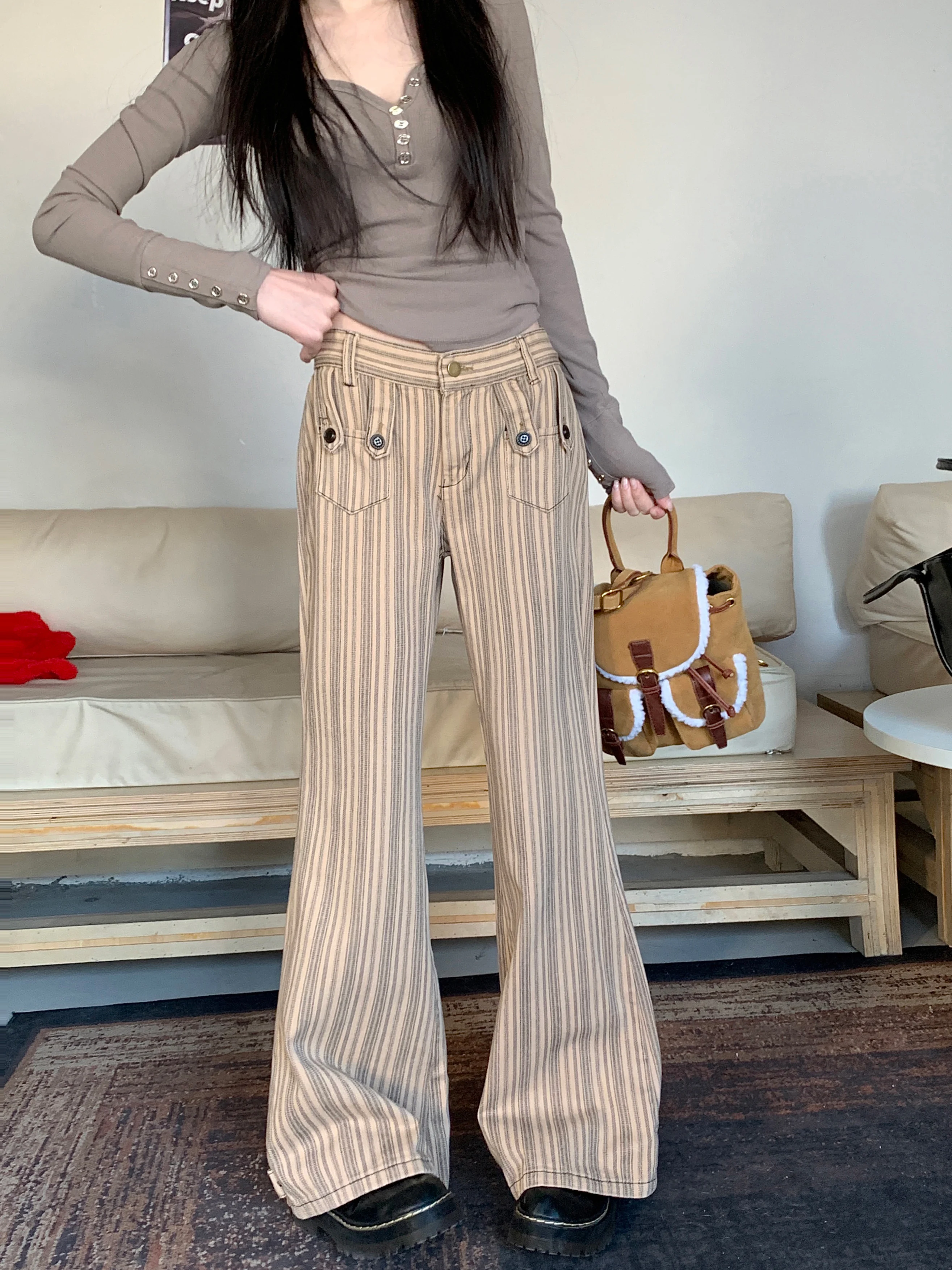 Women Vintage Old Money Skinny Jeans Grunge Japanese Abi Low Rise Gyaru Y2K Striped Denim Pants 2000s Aesthetic Korean Fashion