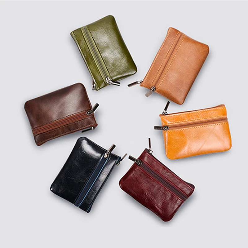 Lederen Mini Multifunctionele Portemonnee Met Hangende Ring Retro Unisex Dubbele Rits Korte Clutch Twee-Compartimenten Kleine Kaarttas