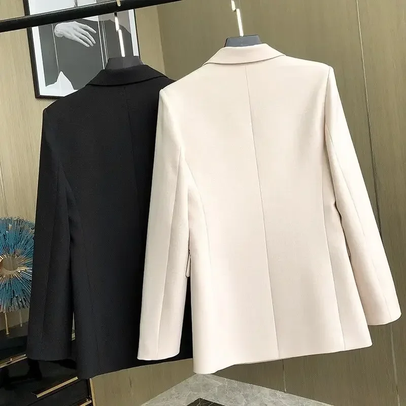 Women's Jacket Autumn Solid Color White Black Blazer Double Breasted Office Top Suit for Women Loose Oversize Coat Female Blazer