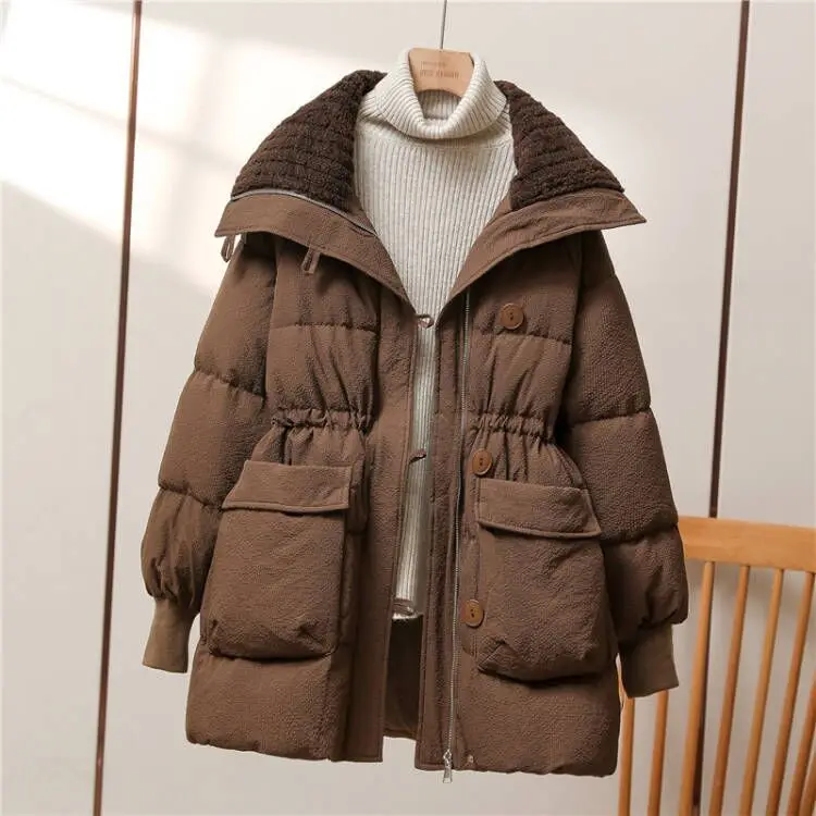 2024 New Winter Fashion Long Lamb Wool Cotton Coat Big Lapel Thick Waist Tie Jacket