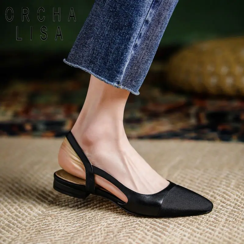 

ORCHA LISA Beige Full Grain Leather Women Sandals Square Toe Back Strap Mixed Color Large Size 41 42 43 Soft Comfort Daily Shoes