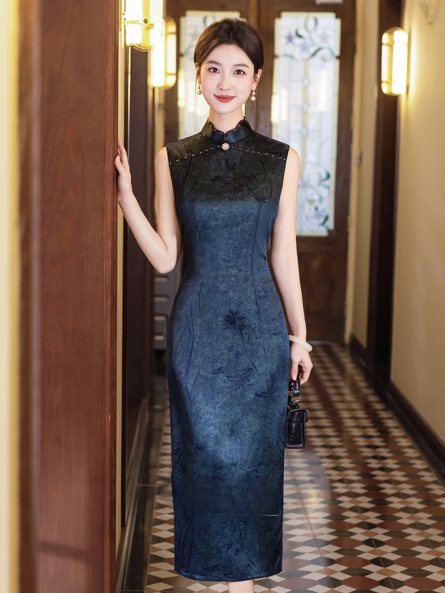 

Retro Blue Slim Fit Young Sle Svel Low Collar Qipao Daily Wear Comfortable Long Dr Floral Pattern for Women 25-35