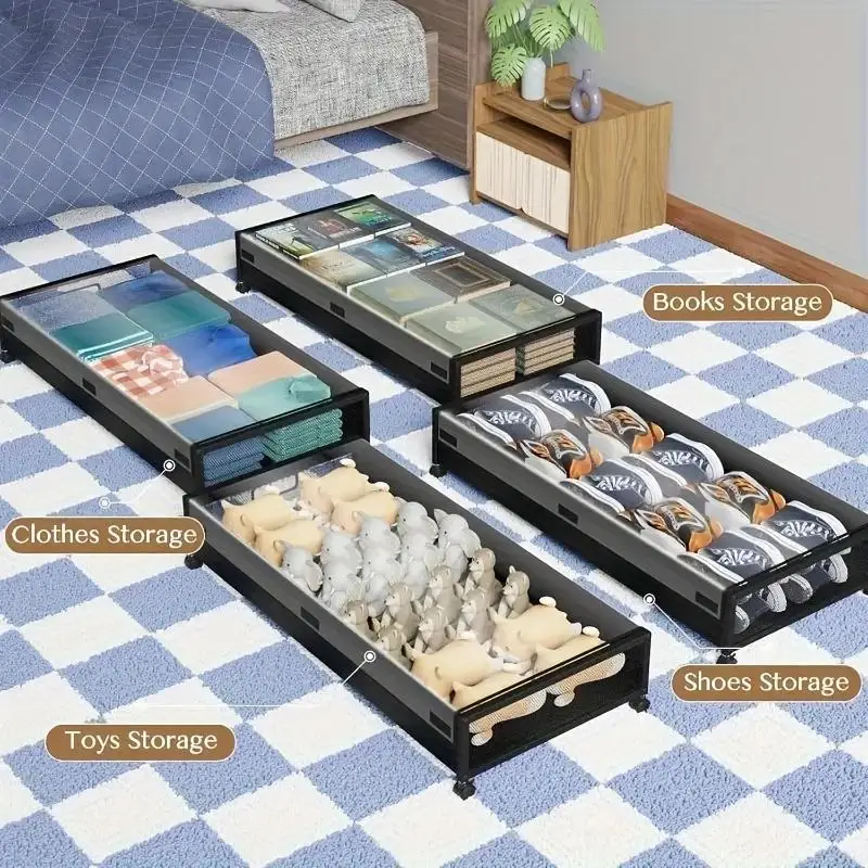 2-Pack Rectangular Under Bed Storage Organizer with Wheels Black Gray Rolling Drawers Boxes Containers for Clothes Shoes Blankets Space Saving Bedroom Closet Organization - view 4