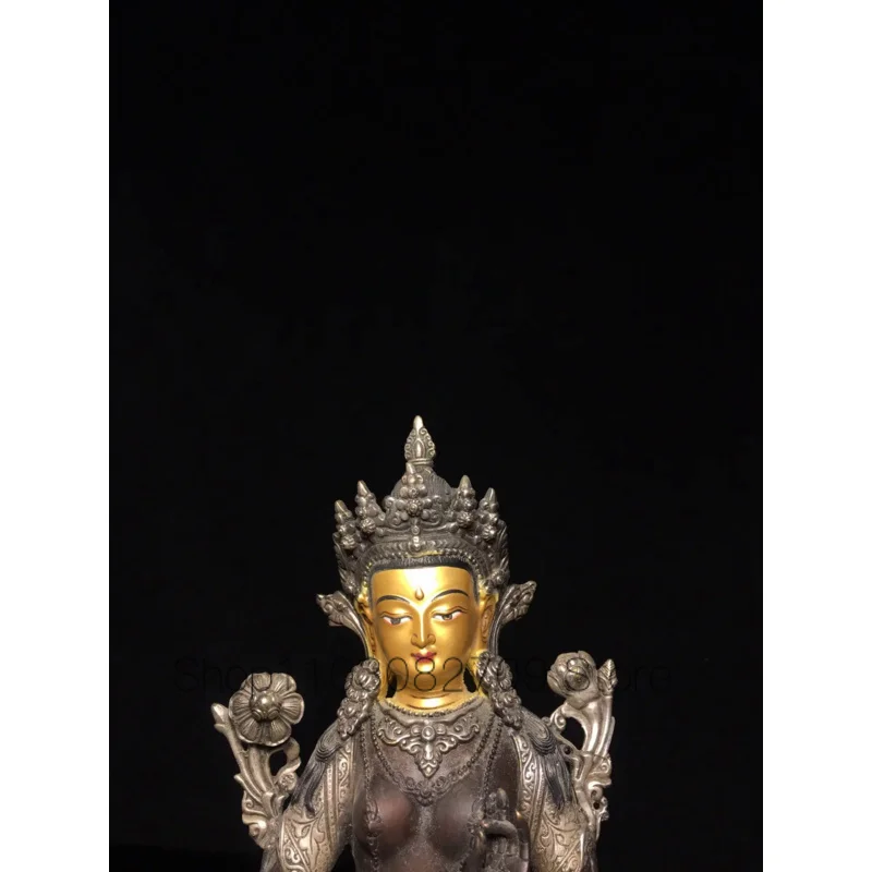 23cm Tibetan brass gilded gold and silver painted vermilion green statue of Tara Bodhisattva decoration