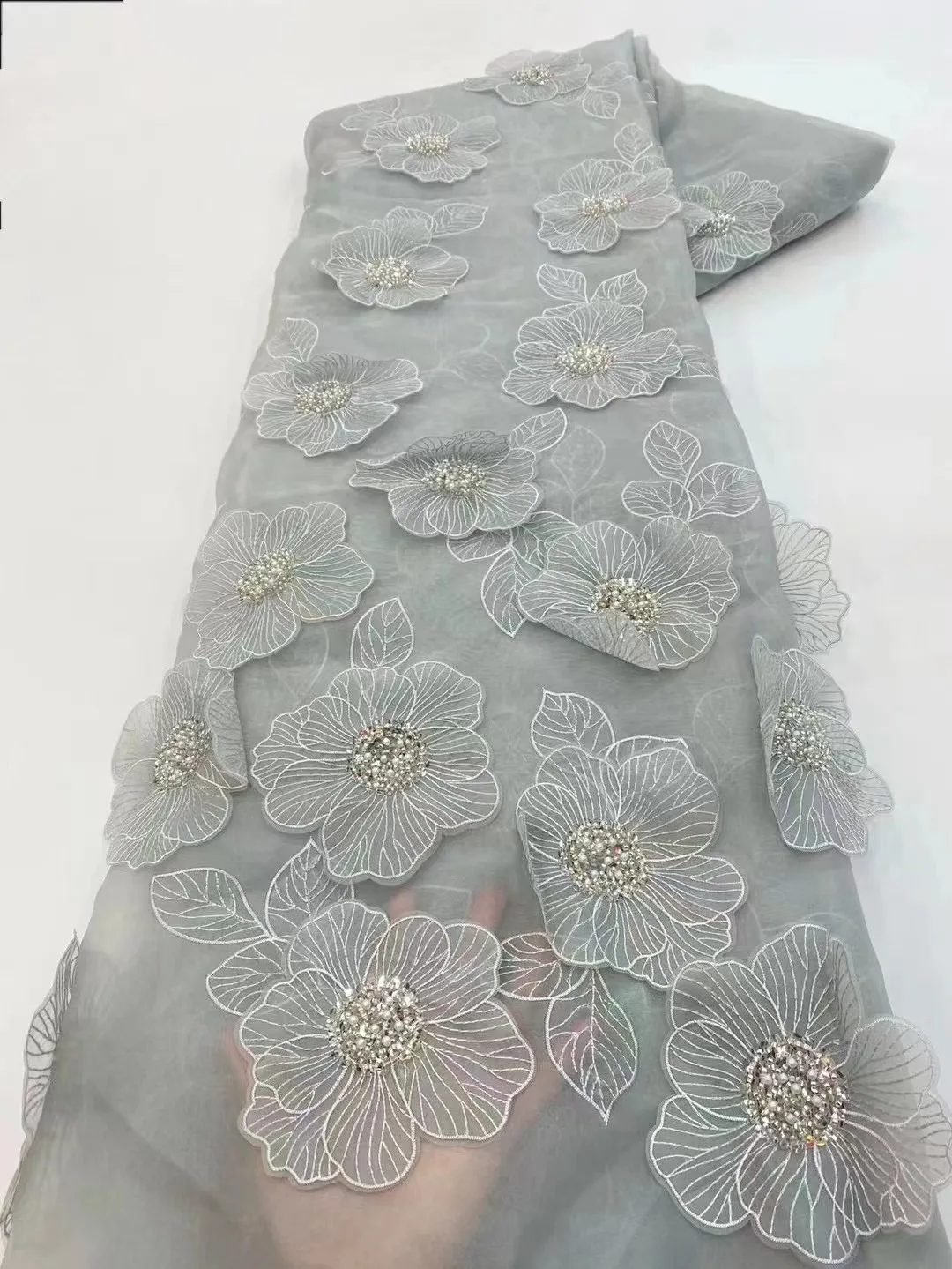 High Quality Flower Lace Fabrics 3D Embroidery Applique Beads Fabric for Wedding Evening Sewing Materials White Tulle Fabric