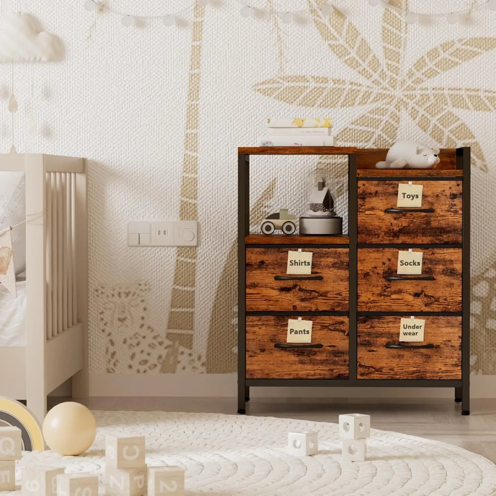 5 Drawer Rustic Brown Dressers for Bedroom 2 Tier Shelf Storage Small Fabric Dresser for Closet Sturdy Metal Frame Modern Style