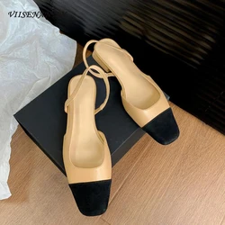 Genuine Leather Patchwork Women Sandals Round Toe Chunky Low Heel Slingback Women Shoe 2024 Spring Summer New Ladies Dress Shoes