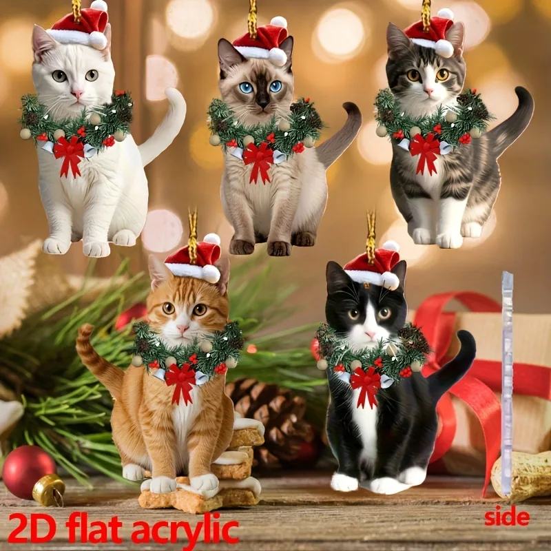 لطيف القط 2D شقة الاكريليك عيد الميلاد قلادة احتفالية شجرة عيد الميلاد حلي معلقة لقضاء عطلة احتفالية Xmax شجرة الديكور