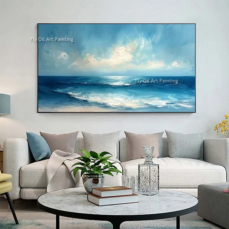 Original Sea Blue Canvas Painting Hand Painted Seaside Sea Wave Blue Oi Painting Modern Calm Ocean Art For Homr Decor Unframed