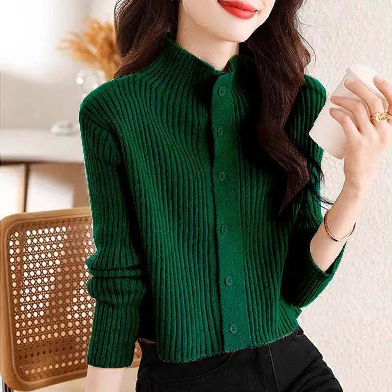 Spring Autumn Short Knitted Cardigan Jacket Women Stand Collar Long Sleeve Sweater Coat Casual Cardigan Sweater Solid Female Top