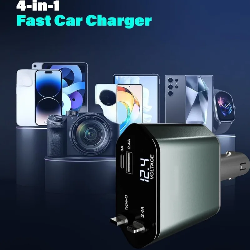 شاحن سيارة جديد، كابل صغير 4 في 1 قابل للسحب، شحن سريع من النوع C للهواتف المحمولة. #3