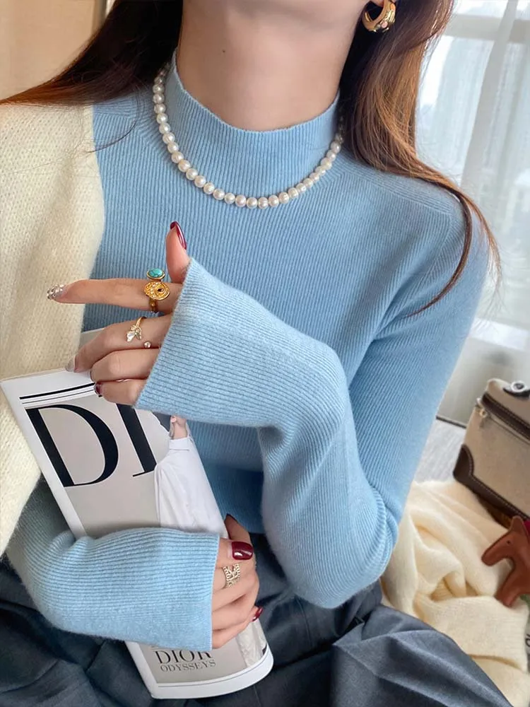 Camisola de malha feminina pullovers nova manga longa mock neck preto camisola de malha pulôver feminino topos suéteres sueters de mujer q1015