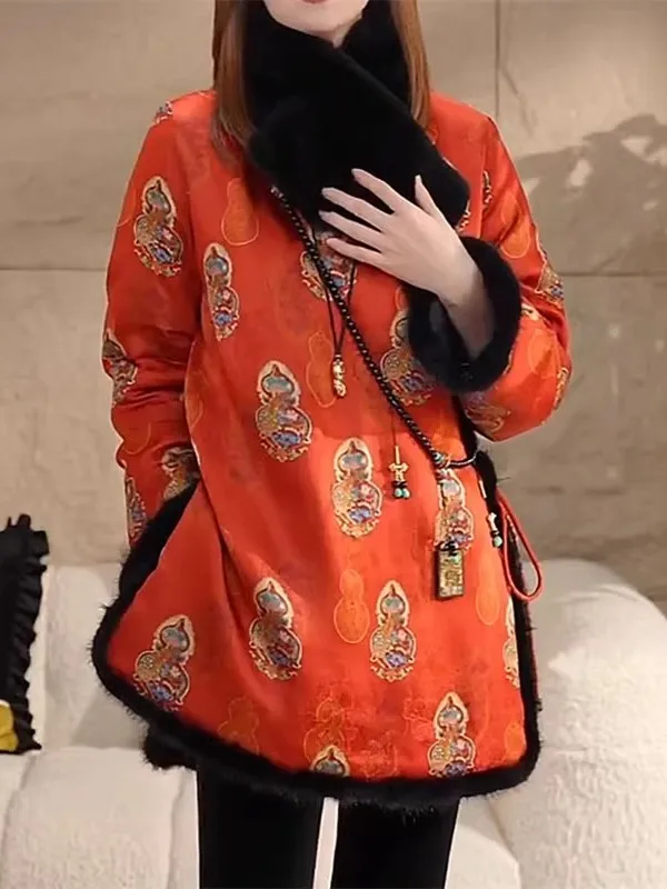 

Обновленный новогодний наряд: утепленное хлопковое женское платье-жакет с вышивкой в традиционном китайском стиле, с длинными рукавами, миди-длина