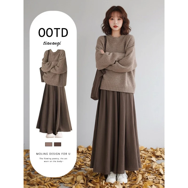2025 겨울 니트 드레스 여성용 하이웨이스트 롱 슬리브 라운드 네일린 아메리칸 스타일 패셔너블 한국 감성 가운